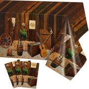 3 Pack Western Cowboy Theme Tablecloth, Wild West Wooden House Barn Plastic Table Cover for Birthday Baby Shower Party Decorations Supplies - 51 x 108 in